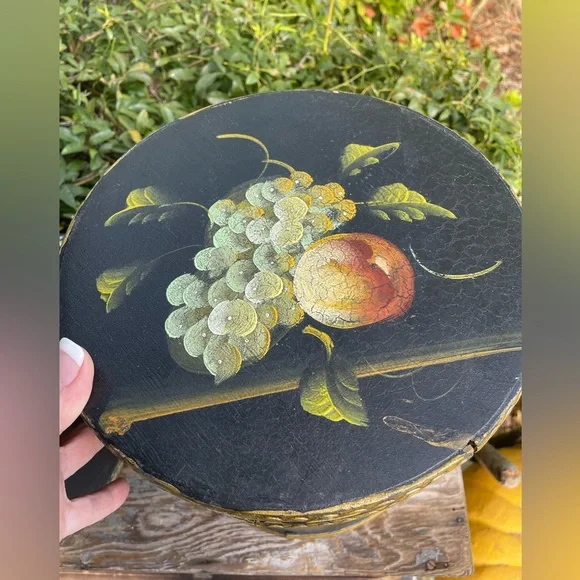 vintage black painted fruit floral 2 wood storage bins French Country primitive